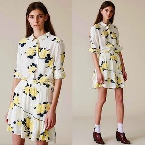 GANNI 90s Rose Floral Print Crepe High Waist Asymmetric Ruffle Tier Mini Skirt S